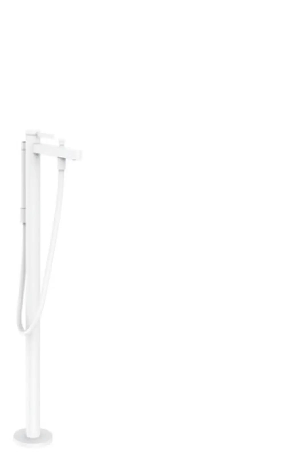Bodenstehender Wannenmischer in mattem Weiß mit schlankem Design und flexibler Auslaufarmatur, hergestellt von Hansgrohe.